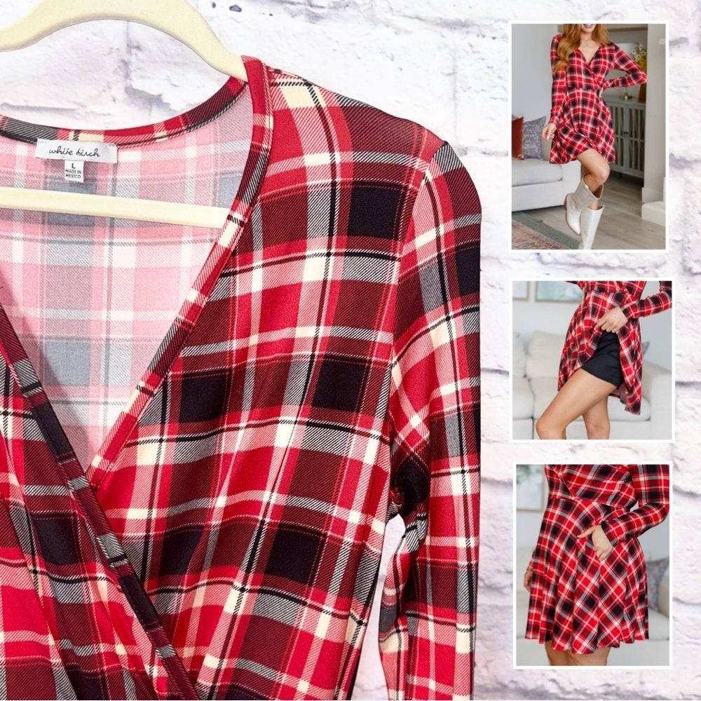 White Birch Red Plaid Long Sleeve Dress